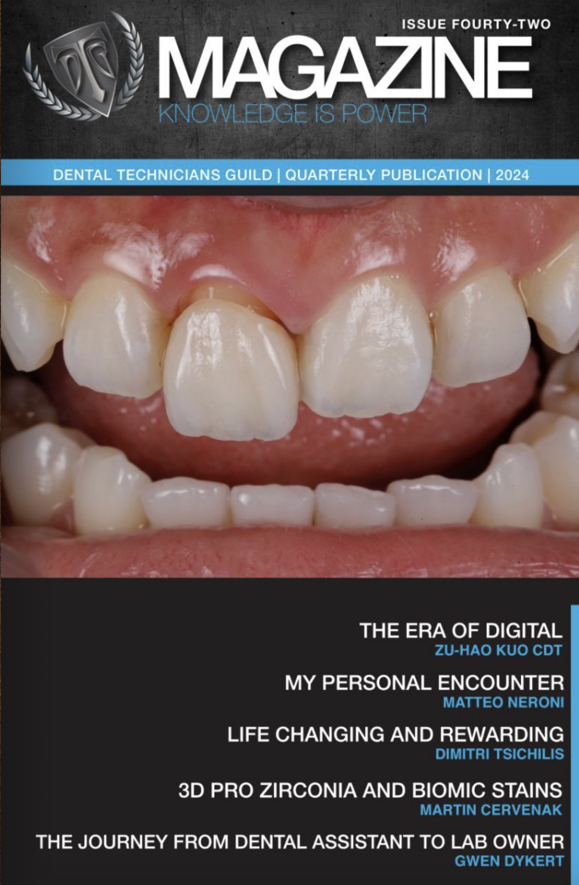 Dental Technicians Guild Magazine cover featuring close-up of teeth and articles on digital dentistry, zirconia, biomic stains, and dental lab industry insights for press.