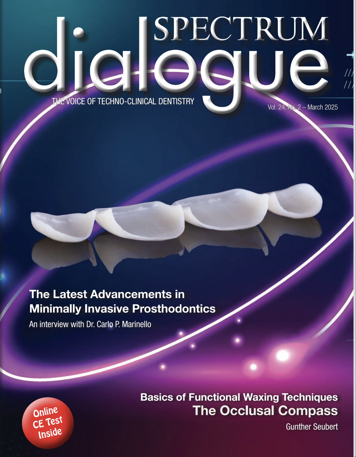 Spectrum Dialogue dental magazine cover featuring minimally invasive prosthodontics advancements and functional waxing techniques, highlighted in dental press media.